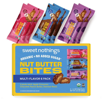Sweet Nothings Bio-Nussbutter-Bissen, Sortenpaket: Schokolade, Apfel-Zimt & Haferflocken-Rosinen – 6 Beutel (2 pro Sorte), kein Zuckerzusatz, Ballaststoffquelle, nur 7 Zutaten