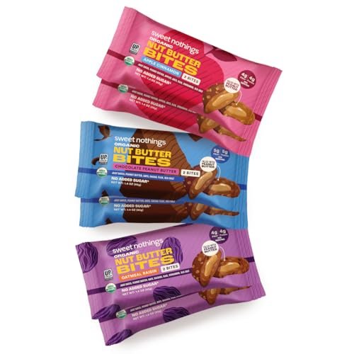 Sweet Nothings Bio-Nussbutter-Bissen, Sortenpaket: Schokolade, Apfel-Zimt & Haferflocken-Rosinen – 6 Beutel (2 pro Sorte), kein Zuckerzusatz, Ballaststoffquelle, nur 7 Zutaten