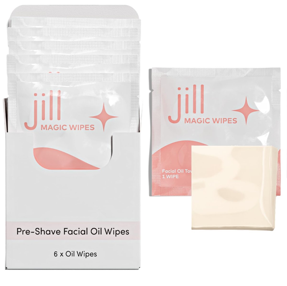 Jill Magic Wipes | Dermaplane-Öltücher zur Hautvorbereitung vor der Rasur, für alle Hauttypen, vegane Inhaltsstoffe mit Vitamin E + Arganöl, 6er-Pack