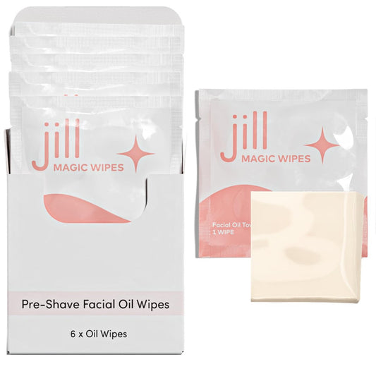 Jill Magic Wipes | Dermaplane-Öltücher zur Hautvorbereitung vor der Rasur, für alle Hauttypen, vegane Inhaltsstoffe mit Vitamin E + Arganöl, 6er-Pack