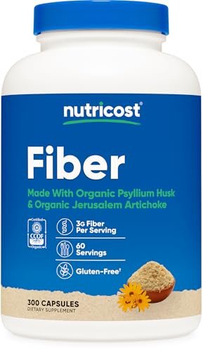 Nutricost Ballaststoffkapseln mit präbiotischer Ballaststoffergänzung, 300 Kapseln – Hergestellt mit Bio-Flohsamenschalen & Bio-Topinambur, 60 Portionen, glutenfrei, 3 g pro Portion