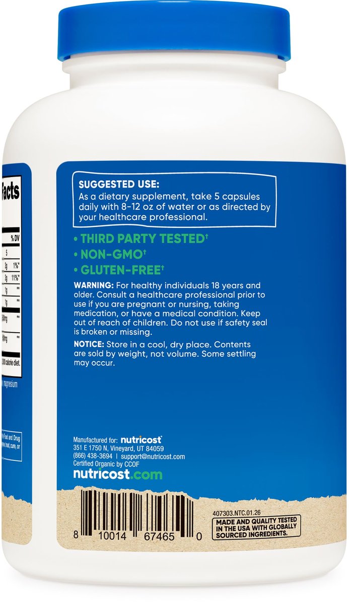 Nutricost Ballaststoffkapseln mit präbiotischer Ballaststoffergänzung, 300 Kapseln – Hergestellt mit Bio-Flohsamenschalen & Bio-Topinambur, 60 Portionen, glutenfrei, 3 g pro Portion
