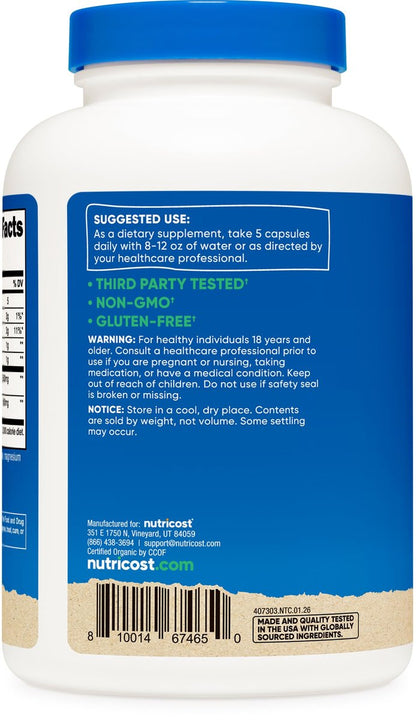 Nutricost Ballaststoffkapseln mit präbiotischer Ballaststoffergänzung, 300 Kapseln – Hergestellt mit Bio-Flohsamenschalen & Bio-Topinambur, 60 Portionen, glutenfrei, 3 g pro Portion