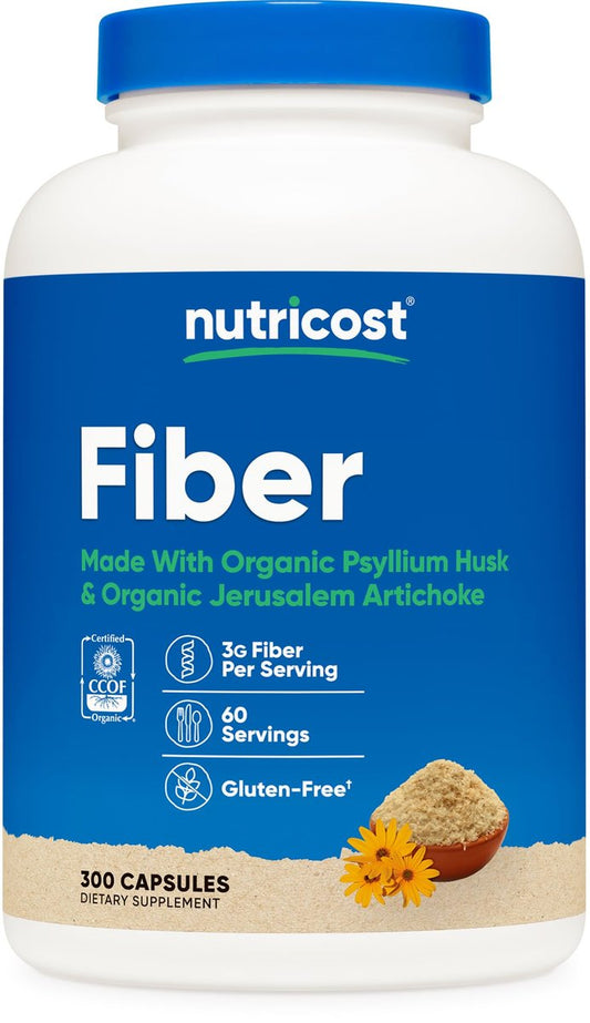 Nutricost Ballaststoffkapseln mit präbiotischer Ballaststoffergänzung, 300 Kapseln – Hergestellt mit Bio-Flohsamenschalen & Bio-Topinambur, 60 Portionen, glutenfrei, 3 g pro Portion