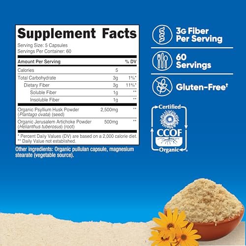 Nutricost Ballaststoffkapseln mit präbiotischer Ballaststoffergänzung, 300 Kapseln – Hergestellt mit Bio-Flohsamenschalen & Bio-Topinambur, 60 Portionen, glutenfrei, 3 g pro Portion