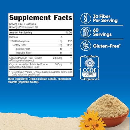 Nutricost Ballaststoffkapseln mit präbiotischer Ballaststoffergänzung, 300 Kapseln – Hergestellt mit Bio-Flohsamenschalen & Bio-Topinambur, 60 Portionen, glutenfrei, 3 g pro Portion