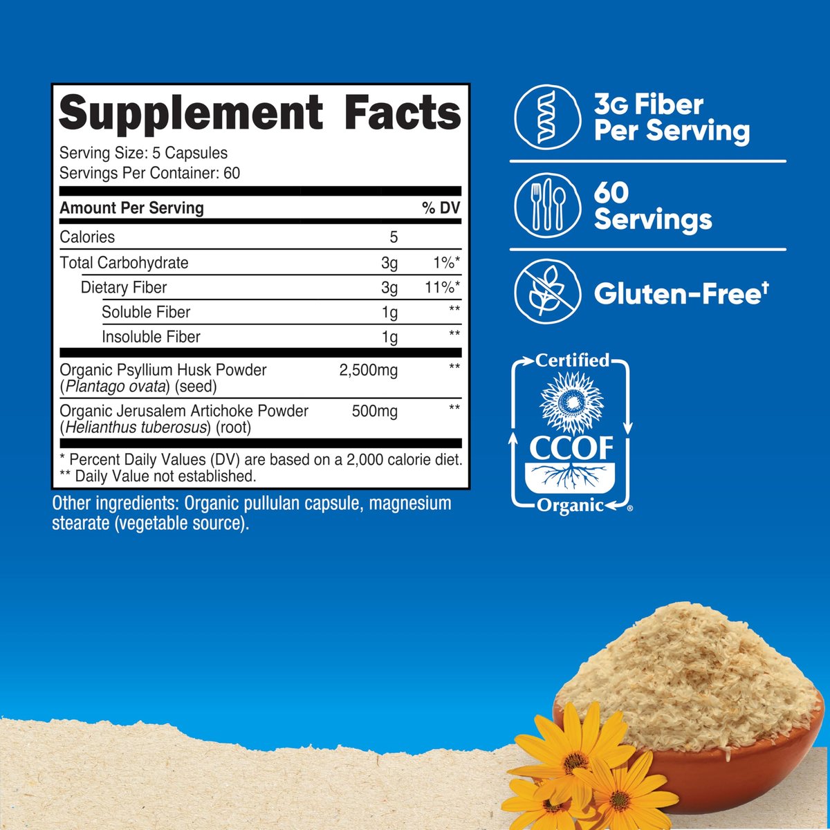 Nutricost Ballaststoffkapseln mit präbiotischer Ballaststoffergänzung, 300 Kapseln – Hergestellt mit Bio-Flohsamenschalen & Bio-Topinambur, 60 Portionen, glutenfrei, 3 g pro Portion