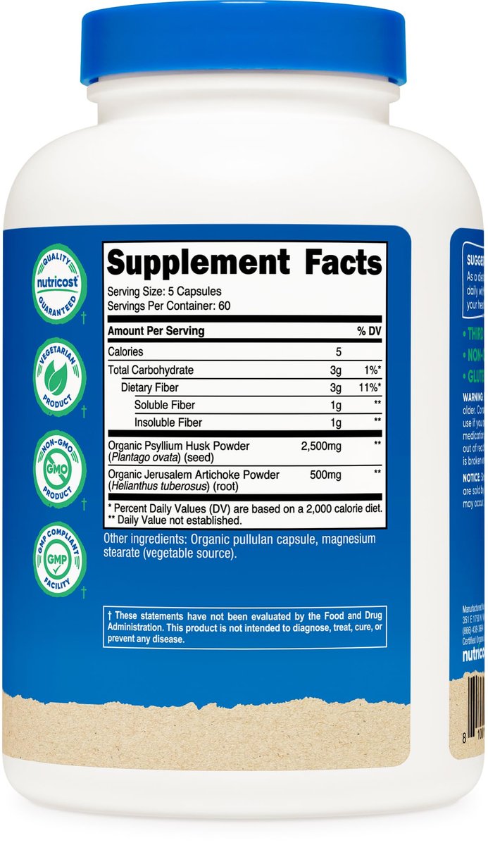 Nutricost Ballaststoffkapseln mit präbiotischer Ballaststoffergänzung, 300 Kapseln – Hergestellt mit Bio-Flohsamenschalen & Bio-Topinambur, 60 Portionen, glutenfrei, 3 g pro Portion