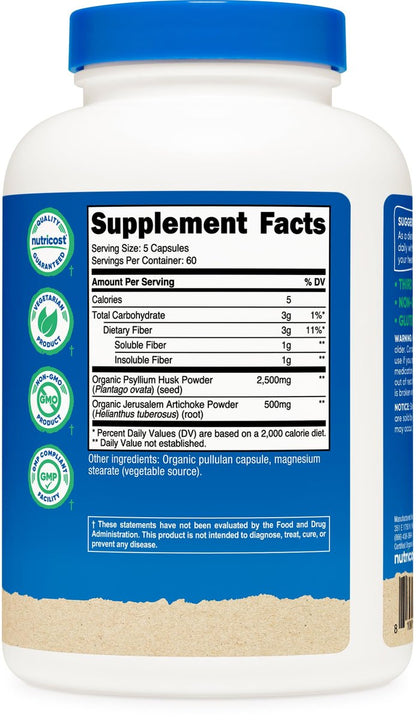 Nutricost Ballaststoffkapseln mit präbiotischer Ballaststoffergänzung, 300 Kapseln – Hergestellt mit Bio-Flohsamenschalen & Bio-Topinambur, 60 Portionen, glutenfrei, 3 g pro Portion