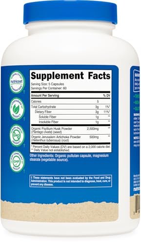 Nutricost Ballaststoffkapseln mit präbiotischer Ballaststoffergänzung, 300 Kapseln – Hergestellt mit Bio-Flohsamenschalen & Bio-Topinambur, 60 Portionen, glutenfrei, 3 g pro Portion