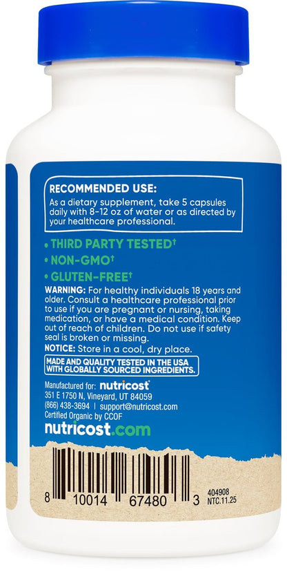 Nutricost Ballaststoffkapseln mit präbiotischen Ballaststoffen, 150 Kapseln - CCOF-zertifiziertes Präparat, hergestellt mit Bio-Flohsamenschalen & Bio-Topinambur, glutenfrei, 3 g pro Portion