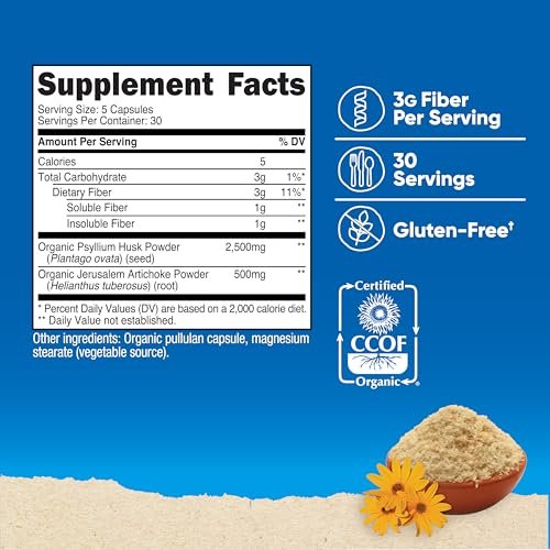 Nutricost Ballaststoffkapseln mit präbiotischen Ballaststoffen, 150 Kapseln - CCOF-zertifiziertes Präparat, hergestellt mit Bio-Flohsamenschalen & Bio-Topinambur, glutenfrei, 3 g pro Portion