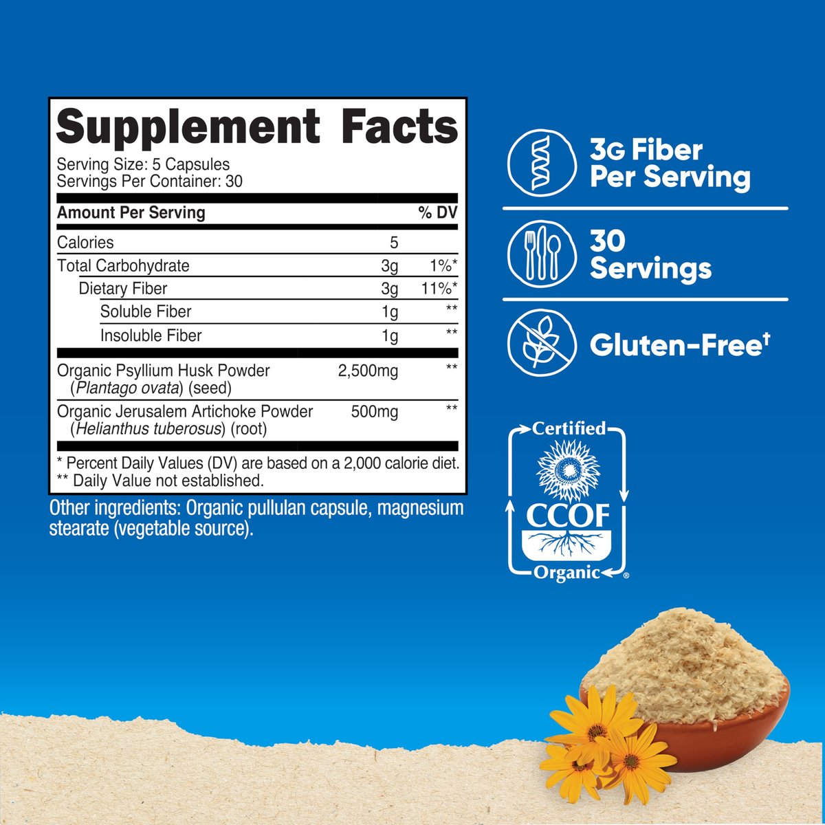Nutricost Ballaststoffkapseln mit präbiotischen Ballaststoffen, 150 Kapseln - CCOF-zertifiziertes Präparat, hergestellt mit Bio-Flohsamenschalen & Bio-Topinambur, glutenfrei, 3 g pro Portion
