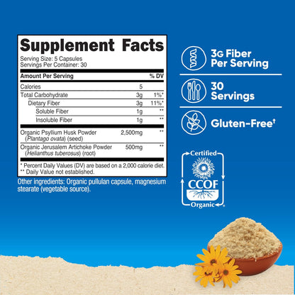 Nutricost Ballaststoffkapseln mit präbiotischen Ballaststoffen, 150 Kapseln - CCOF-zertifiziertes Präparat, hergestellt mit Bio-Flohsamenschalen & Bio-Topinambur, glutenfrei, 3 g pro Portion