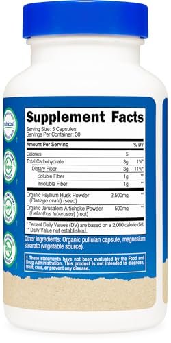 Nutricost Ballaststoffkapseln mit präbiotischen Ballaststoffen, 150 Kapseln - CCOF-zertifiziertes Präparat, hergestellt mit Bio-Flohsamenschalen & Bio-Topinambur, glutenfrei, 3 g pro Portion