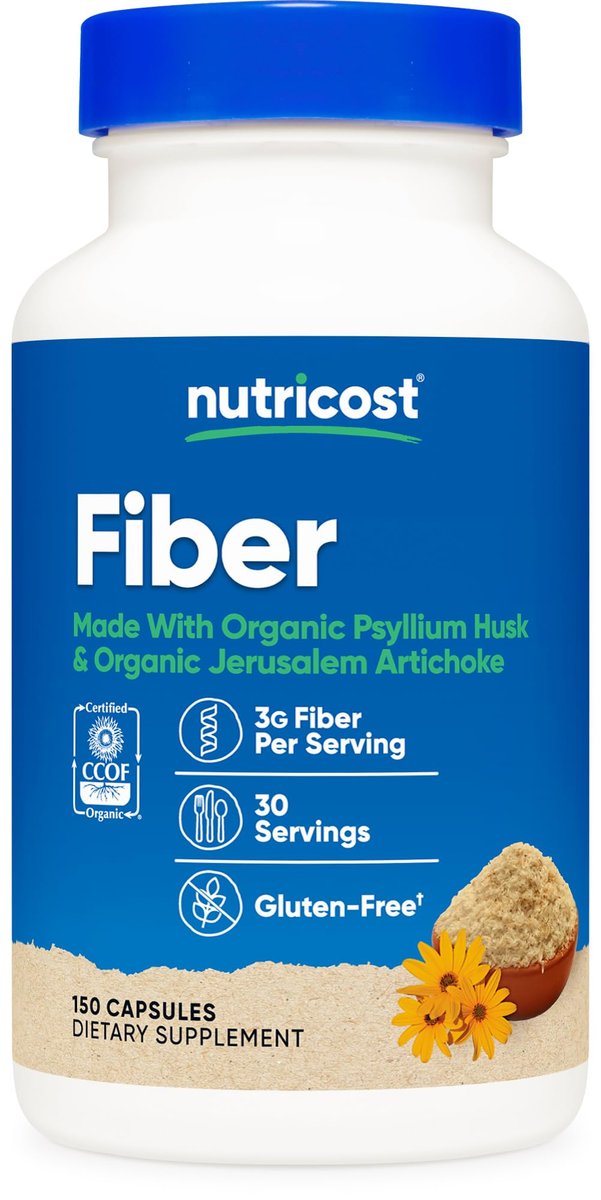 Nutricost Ballaststoffkapseln mit präbiotischen Ballaststoffen, 150 Kapseln - CCOF-zertifiziertes Präparat, hergestellt mit Bio-Flohsamenschalen & Bio-Topinambur, glutenfrei, 3 g pro Portion