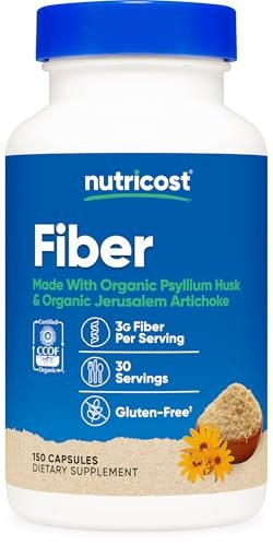 Nutricost Ballaststoffkapseln mit präbiotischen Ballaststoffen, 150 Kapseln - CCOF-zertifiziertes Präparat, hergestellt mit Bio-Flohsamenschalen & Bio-Topinambur, glutenfrei, 3 g pro Portion