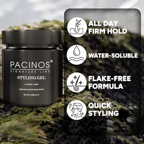 Pacinos Haar-Gel für Männer – Starker Halt mit flexibler Styling-Option – Hochglänzender Wet-Look – Wasserbasierte Formel, leicht auswaschbar – Keine Flocken – Für alle Haartypen – Styling bleibt den ganzen Tag an Ort und Stelle – 16 oz