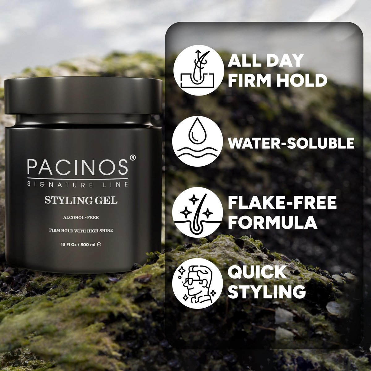 Pacinos Haar-Gel für Männer – Starker Halt mit flexibler Styling-Option – Hochglänzender Wet-Look – Wasserbasierte Formel, leicht auswaschbar – Keine Flocken – Für alle Haartypen – Styling bleibt den ganzen Tag an Ort und Stelle – 16 oz