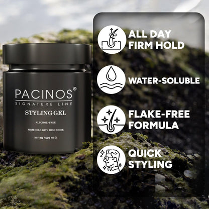 Pacinos Haar-Gel für Männer – Starker Halt mit flexibler Styling-Option – Hochglänzender Wet-Look – Wasserbasierte Formel, leicht auswaschbar – Keine Flocken – Für alle Haartypen – Styling bleibt den ganzen Tag an Ort und Stelle – 16 oz