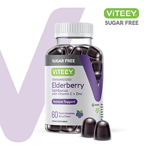 VITEEY Sambucus Holunderbeeren Gummibärchen für Erwachsene & Jugendliche + Zink & Vitamin C - Zuckerfrei - Immununterstützung & Booster Kräuterergänzung - Vegan, Glutenfrei, Gelatinefrei, GVO-frei, Kaubar mit Beerengeschmack