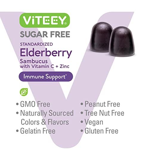 VITEEY Sambucus Holunderbeeren Gummibärchen für Erwachsene & Jugendliche + Zink & Vitamin C - Zuckerfrei - Immununterstützung & Booster Kräuterergänzung - Vegan, Glutenfrei, Gelatinefrei, GVO-frei, Kaubar mit Beerengeschmack