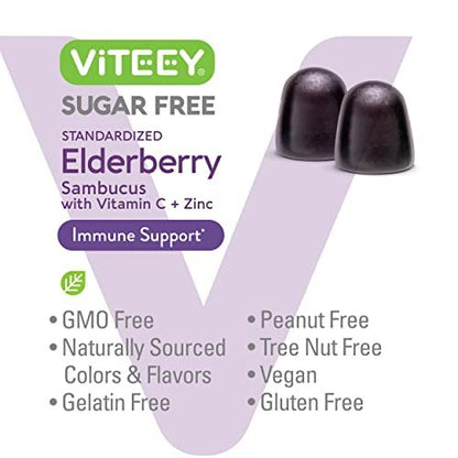 VITEEY Sambucus Holunderbeeren Gummibärchen für Erwachsene & Jugendliche + Zink & Vitamin C - Zuckerfrei - Immununterstützung & Booster Kräuterergänzung - Vegan, Glutenfrei, Gelatinefrei, GVO-frei, Kaubar mit Beerengeschmack