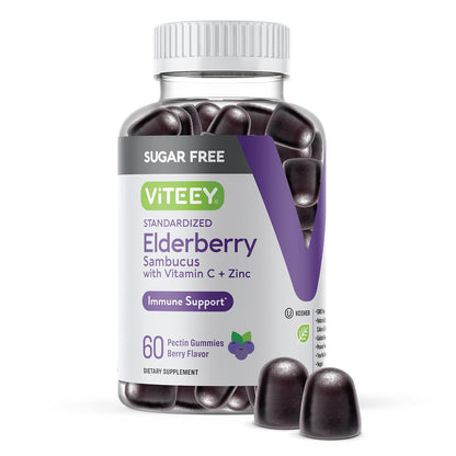 VITEEY Sambucus Holunderbeeren Gummibärchen für Erwachsene & Jugendliche + Zink & Vitamin C - Zuckerfrei - Immununterstützung & Booster Kräuterergänzung - Vegan, Glutenfrei, Gelatinefrei, GVO-frei, Kaubar mit Beerengeschmack