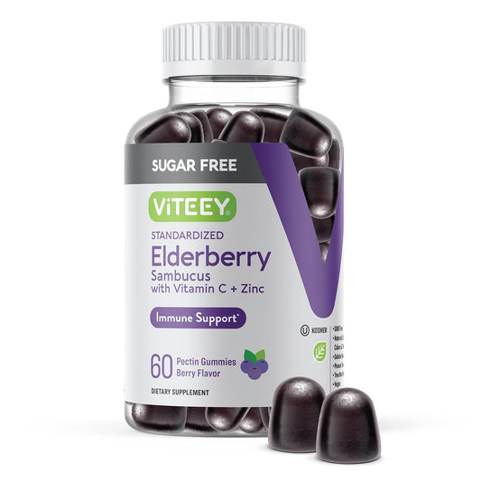 VITEEY Sambucus Holunderbeeren Gummibärchen für Erwachsene & Jugendliche + Zink & Vitamin C - Zuckerfrei - Immununterstützung & Booster Kräuterergänzung - Vegan, Glutenfrei, Gelatinefrei, GVO-frei, Kaubar mit Beerengeschmack