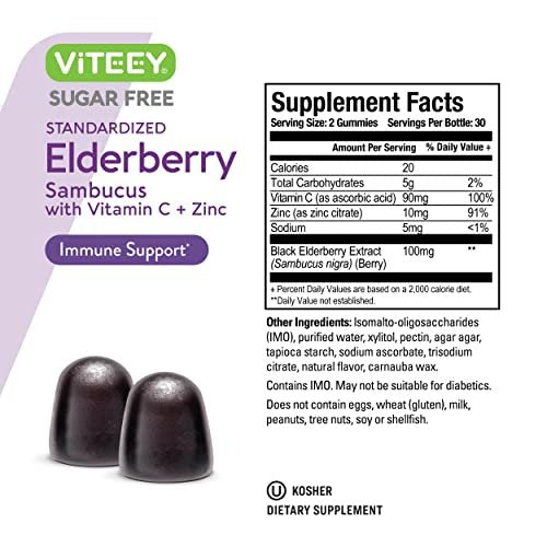 VITEEY Sambucus Holunderbeeren Gummibärchen für Erwachsene & Jugendliche + Zink & Vitamin C - Zuckerfrei - Immununterstützung & Booster Kräuterergänzung - Vegan, Glutenfrei, Gelatinefrei, GVO-frei, Kaubar mit Beerengeschmack