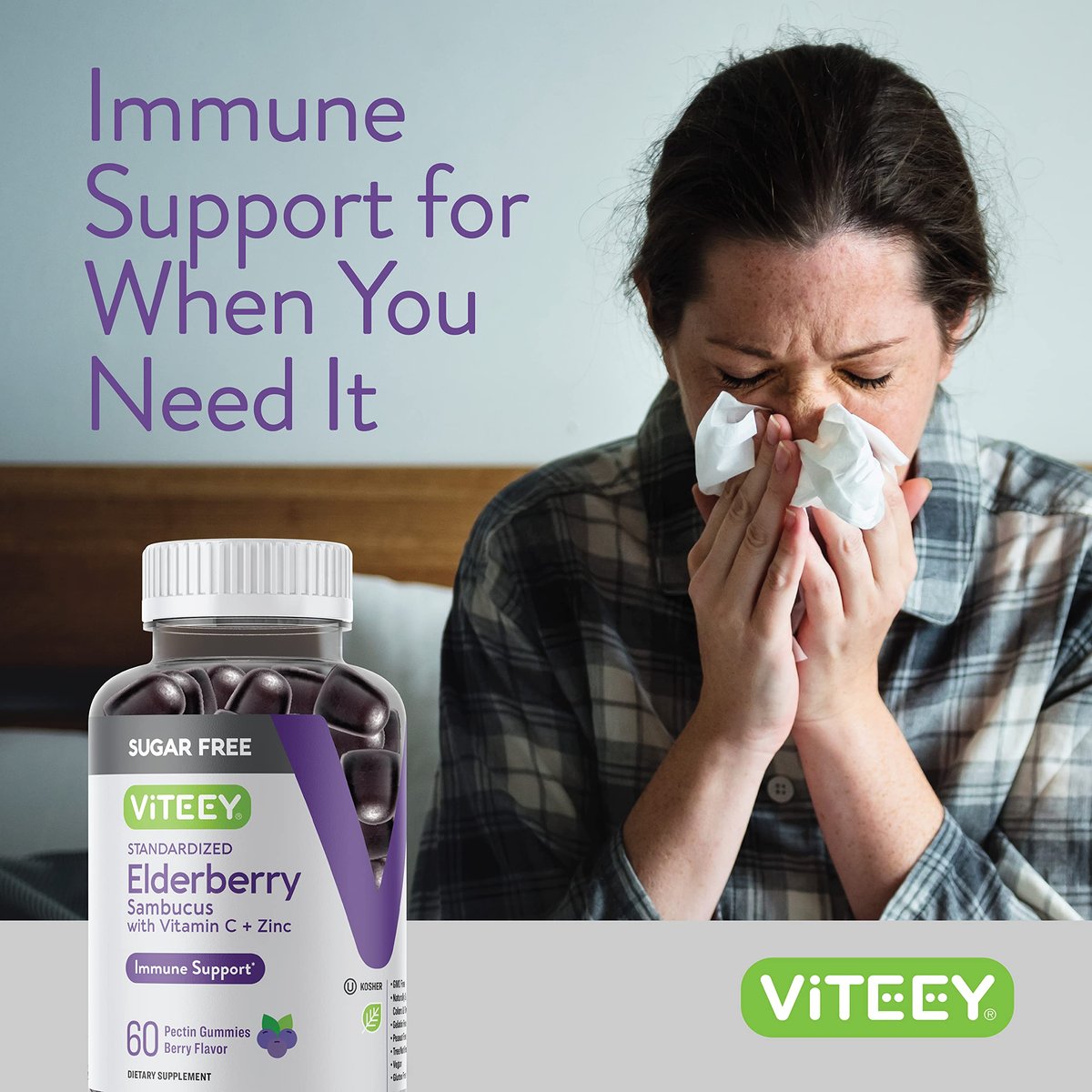 VITEEY Sambucus Holunderbeeren Gummibärchen für Erwachsene & Jugendliche + Zink & Vitamin C - Zuckerfrei - Immununterstützung & Booster Kräuterergänzung - Vegan, Glutenfrei, Gelatinefrei, GVO-frei, Kaubar mit Beerengeschmack