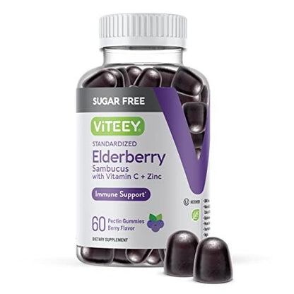 VITEEY Sambucus Holunderbeeren Gummibärchen für Erwachsene & Jugendliche + Zink & Vitamin C - Zuckerfrei - Immununterstützung & Booster Kräuterergänzung - Vegan, Glutenfrei, Gelatinefrei, GVO-frei, Kaubar mit Beerengeschmack