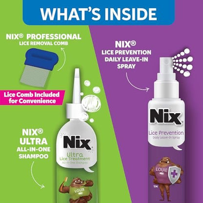 Nix Läuse Behandlung & Präventions-Kit – All-in-One Shampoo (118 ml) mit Läusekamm und täglichem Leave-in Spray (177 ml)