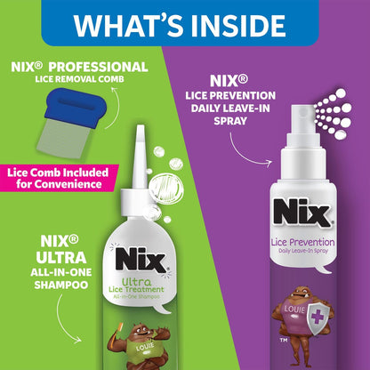 Nix Läuse Behandlung & Präventions-Kit – All-in-One Shampoo (118 ml) mit Läusekamm und täglichem Leave-in Spray (177 ml)