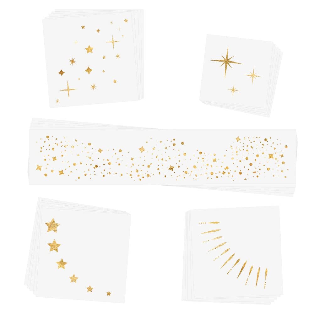 TWINKLING LIGHTS Sortiment mit 25 hochwertigen, wasserfesten, metallischen Gold-Tattoos – Set mit Folien-Flash-Tattoos, Gesichtsglitzer, Metallic-Tattoos und Augensteinchen für Silvester