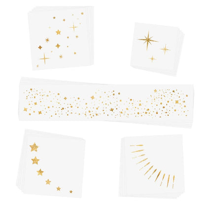 TWINKLING LIGHTS Sortiment mit 25 hochwertigen, wasserfesten, metallischen Gold-Tattoos – Set mit Folien-Flash-Tattoos, Gesichtsglitzer, Metallic-Tattoos und Augensteinchen für Silvester