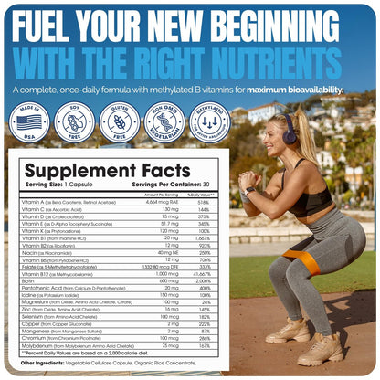 Shiny Leaf Bariatrisches Multivitamin Ohne Eisen – Methyliertes B12 & Folsäure für Magenbypass & Schlauchmagen | ASMBS-konform | 1 Kapsel täglich, 21 Nährstoffe | Hergestellt in den USA, 30 Stück