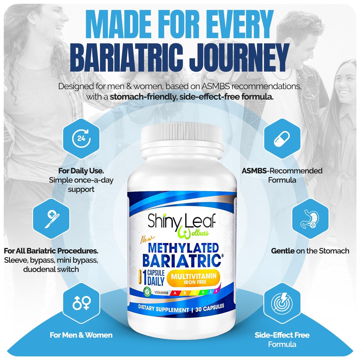 Shiny Leaf Bariatrisches Multivitamin Ohne Eisen – Methyliertes B12 & Folsäure für Magenbypass & Schlauchmagen | ASMBS-konform | 1 Kapsel täglich, 21 Nährstoffe | Hergestellt in den USA, 30 Stück