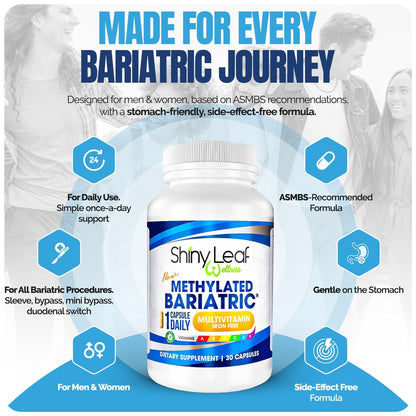Shiny Leaf Bariatrisches Multivitamin Ohne Eisen – Methyliertes B12 & Folsäure für Magenbypass & Schlauchmagen | ASMBS-konform | 1 Kapsel täglich, 21 Nährstoffe | Hergestellt in den USA, 30 Stück