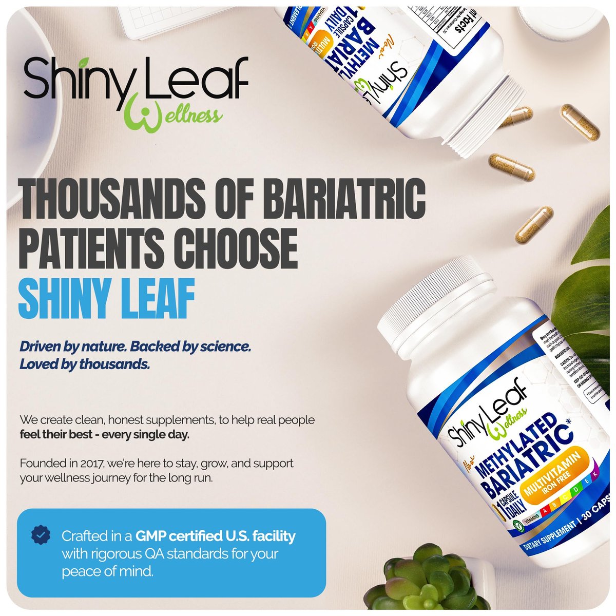 Shiny Leaf Bariatrisches Multivitamin Ohne Eisen – Methyliertes B12 & Folsäure für Magenbypass & Schlauchmagen | ASMBS-konform | 1 Kapsel täglich, 21 Nährstoffe | Hergestellt in den USA, 30 Stück