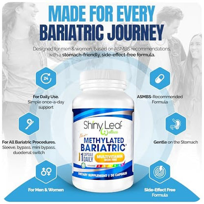 Shiny Leaf Bariatrisches Multivitamin Ohne Eisen – Methyliertes B12 & Folsäure für Magenbypass & Schlauchmagen | ASMBS-konform | 1 Kapsel täglich, 21 Nährstoffe | Hergestellt in den USA, 30 Stück