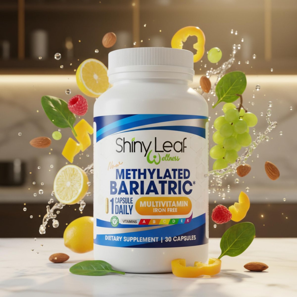 Shiny Leaf Bariatrisches Multivitamin Ohne Eisen – Methyliertes B12 & Folsäure für Magenbypass & Schlauchmagen | ASMBS-konform | 1 Kapsel täglich, 21 Nährstoffe | Hergestellt in den USA, 30 Stück
