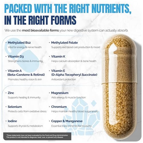 Shiny Leaf Bariatrisches Multivitamin Ohne Eisen – Methyliertes B12 & Folsäure für Magenbypass & Schlauchmagen | ASMBS-konform | 1 Kapsel täglich, 21 Nährstoffe | Hergestellt in den USA, 30 Stück