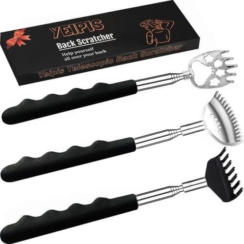 Yeipis 3er-Pack Teleskop-Rückenkratzer aus Metall mit Gummigriffen, ausziehbarer Rückenmassager in Geschenkbox – schwarz