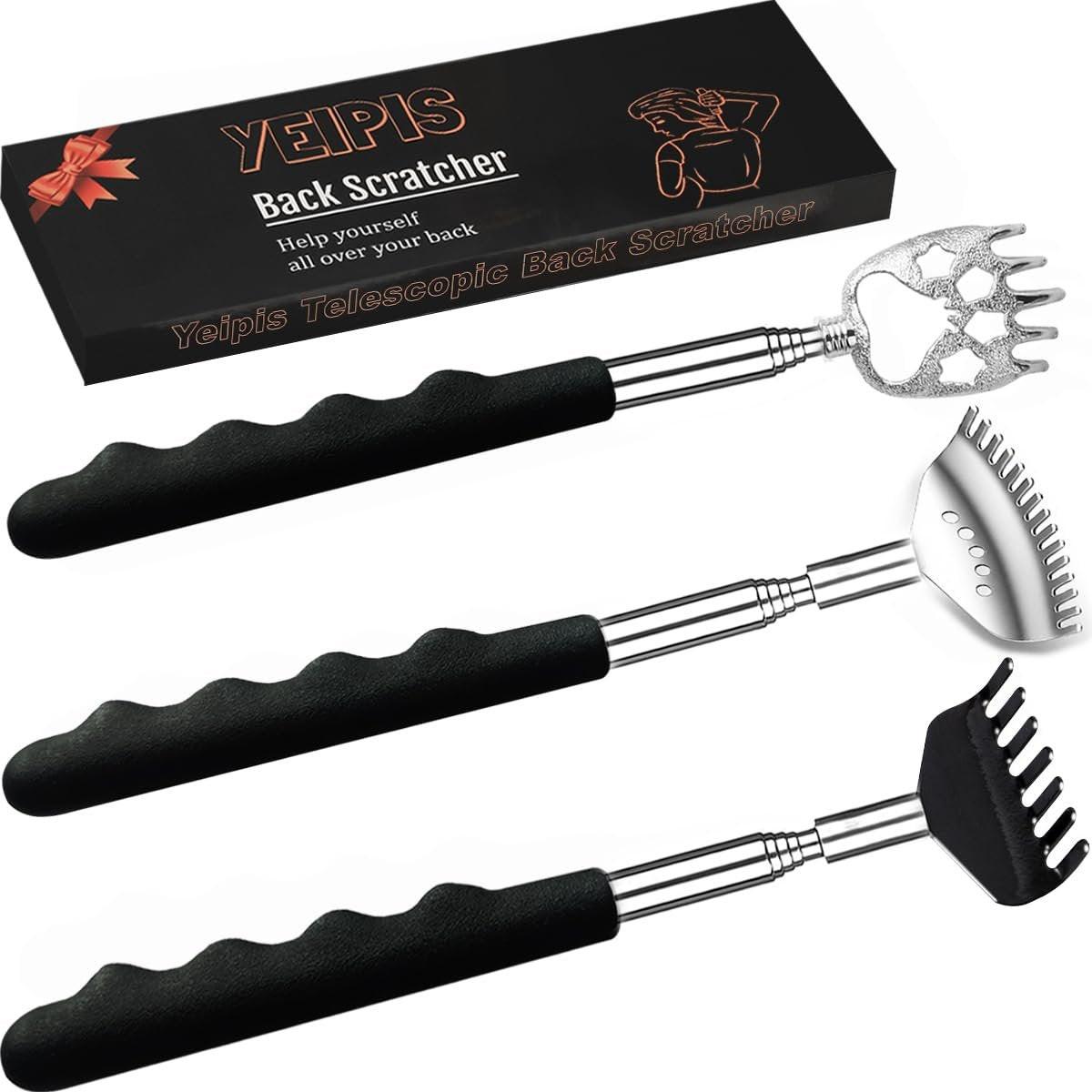 Yeipis 3er-Pack Teleskop-Rückenkratzer aus Metall mit Gummigriffen, ausziehbarer Rückenmassager in Geschenkbox – schwarz