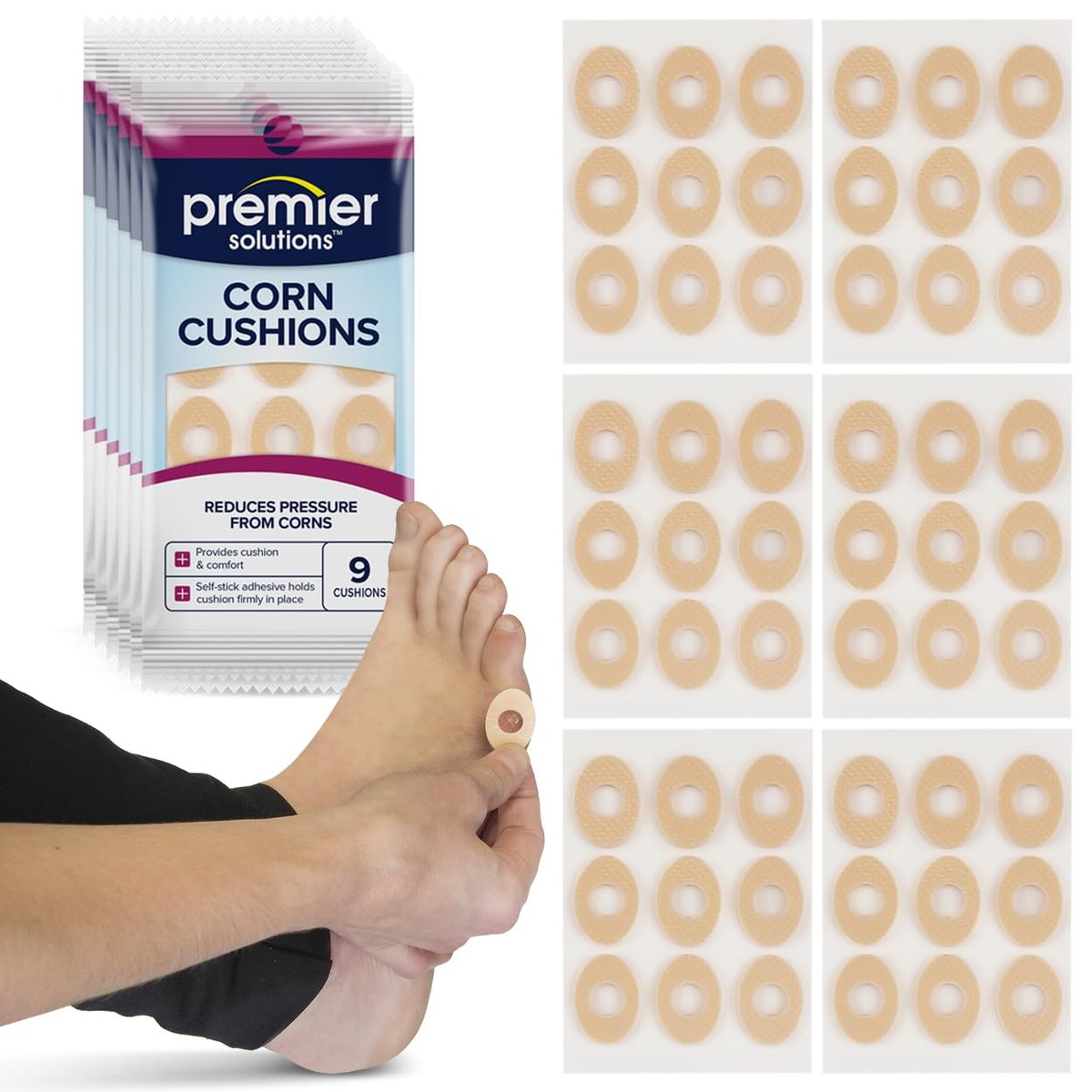 Premier Solutions Maispflaster für die Füße, selbstklebende Fußpflege-Polster zum Polstern und Schützen von Hühneraugen, 54 Stück (6 Packungen à 9)
