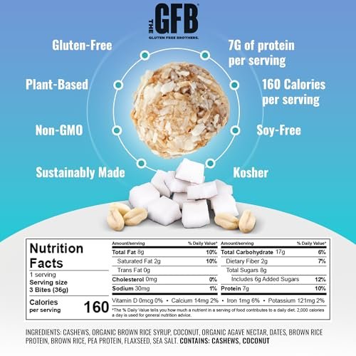 The GFB Kokos-Cashew Protein Bites – Glutenfrei, pflanzlich, nicht gentechnisch verändert, nachhaltig hergestellt – unglaublich leckere, gesunde, vegane Protein-Energiebällchen, 1,2 oz (10er Pack)