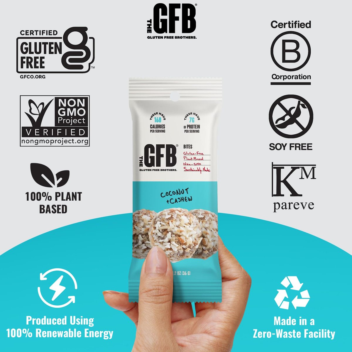 The GFB Kokos-Cashew Protein Bites – Glutenfrei, pflanzlich, nicht gentechnisch verändert, nachhaltig hergestellt – unglaublich leckere, gesunde, vegane Protein-Energiebällchen, 1,2 oz (10er Pack)