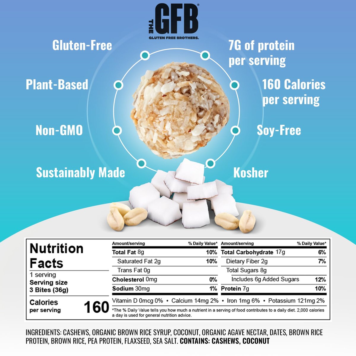 The GFB Kokos-Cashew Protein Bites – Glutenfrei, pflanzlich, nicht gentechnisch verändert, nachhaltig hergestellt – unglaublich leckere, gesunde, vegane Protein-Energiebällchen, 1,2 oz (10er Pack)