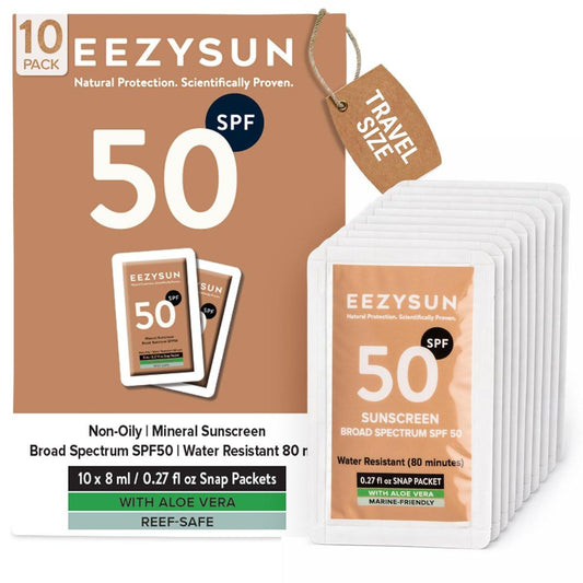 EEZYSUN Mineralischer Sonnenschutz SPF 50 Reisegröße, 10 Einzelpackungen à 0,27 fl oz – Nicht fettend, schwerelos, schweißresistent, riffsicher, mineralischer Sonnenschutz für Gesicht und Körper mit Aloe Vera – Alle Hauttypen